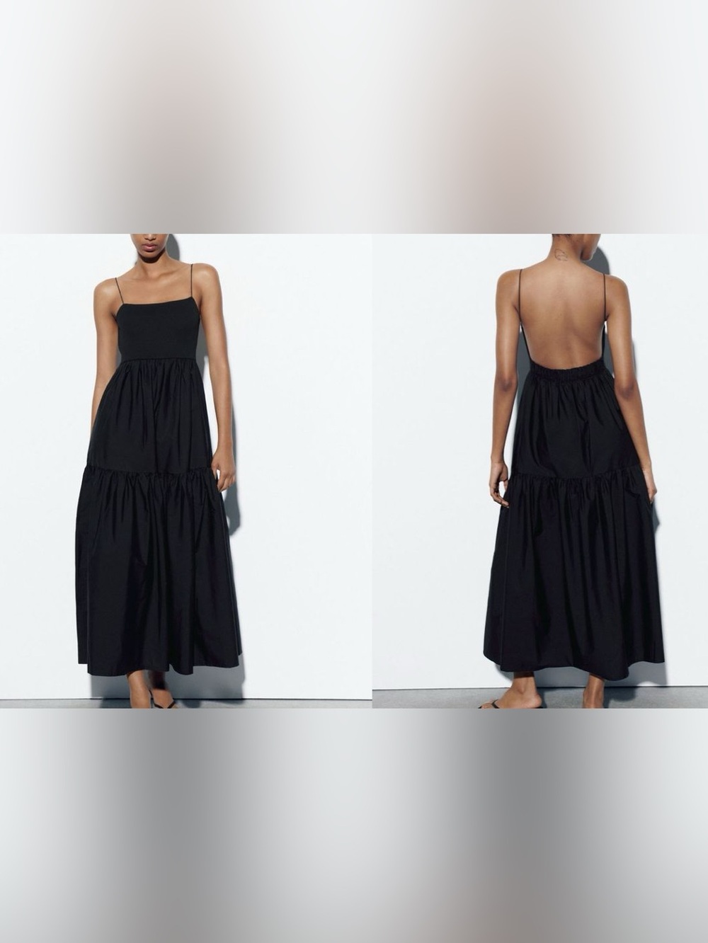 Zara Black Backless Spaghetti-Strap Tiered Maxi Dress